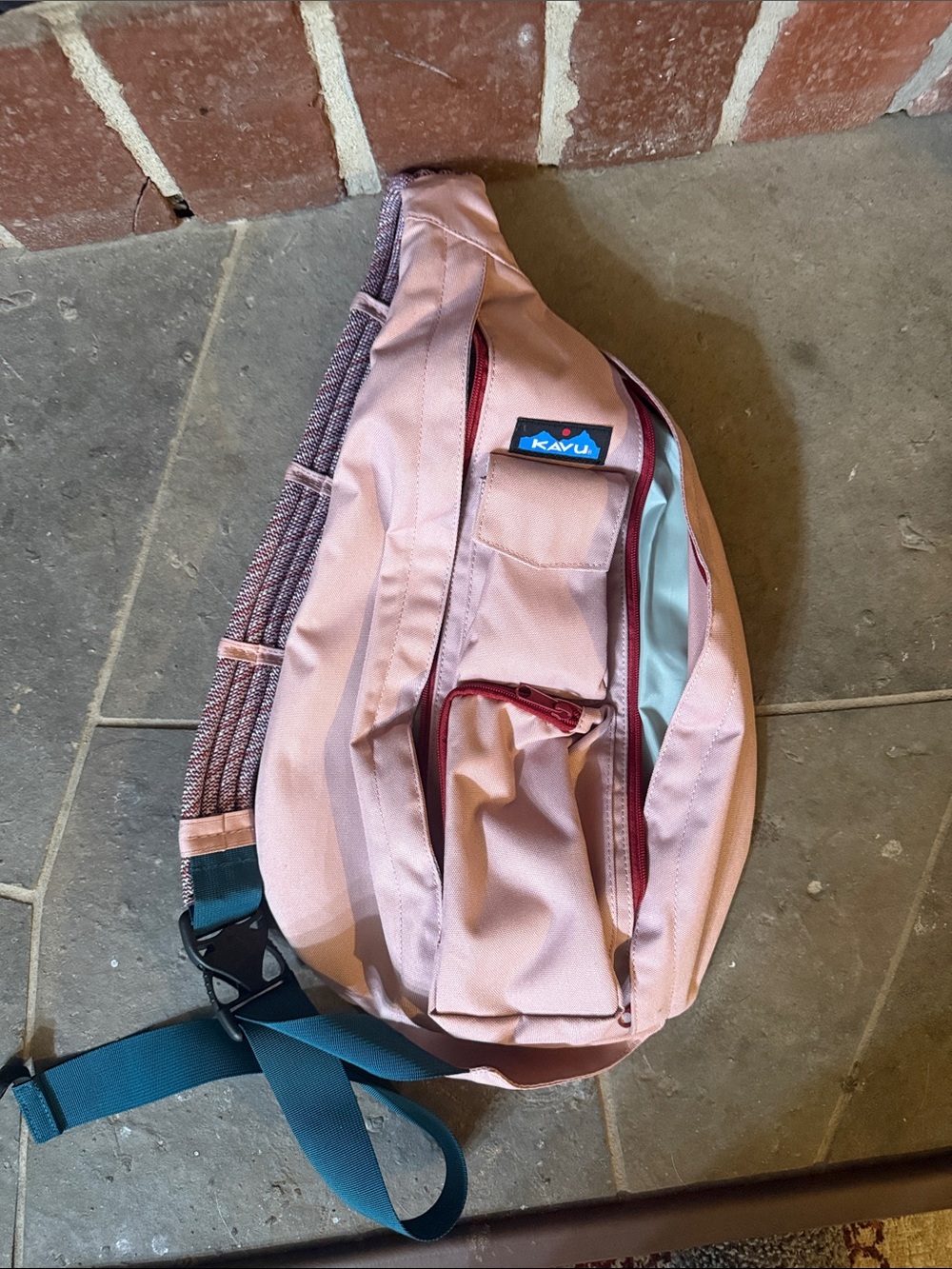 Kavu Blush Pink Sling Pack with Teal Strap